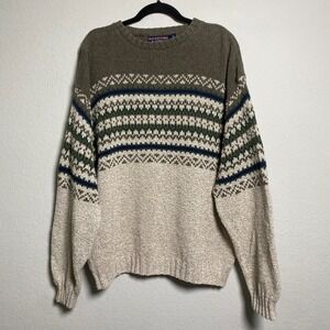 Roundtree and Yorke Mens Fair Isle Knit Sweater Large Green Beige Grandpa core
